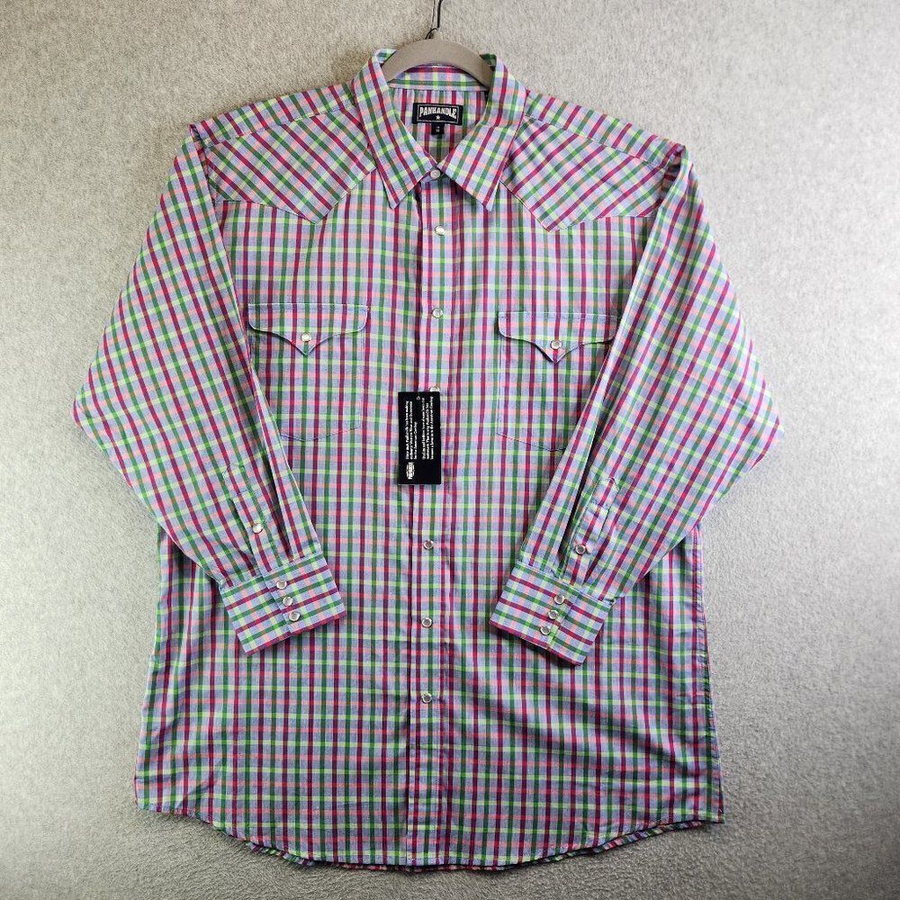 Panhandle Slim Shirt Mens 18 35 Pink Plaid Pearl Snap Yoked Ranch Western NWT